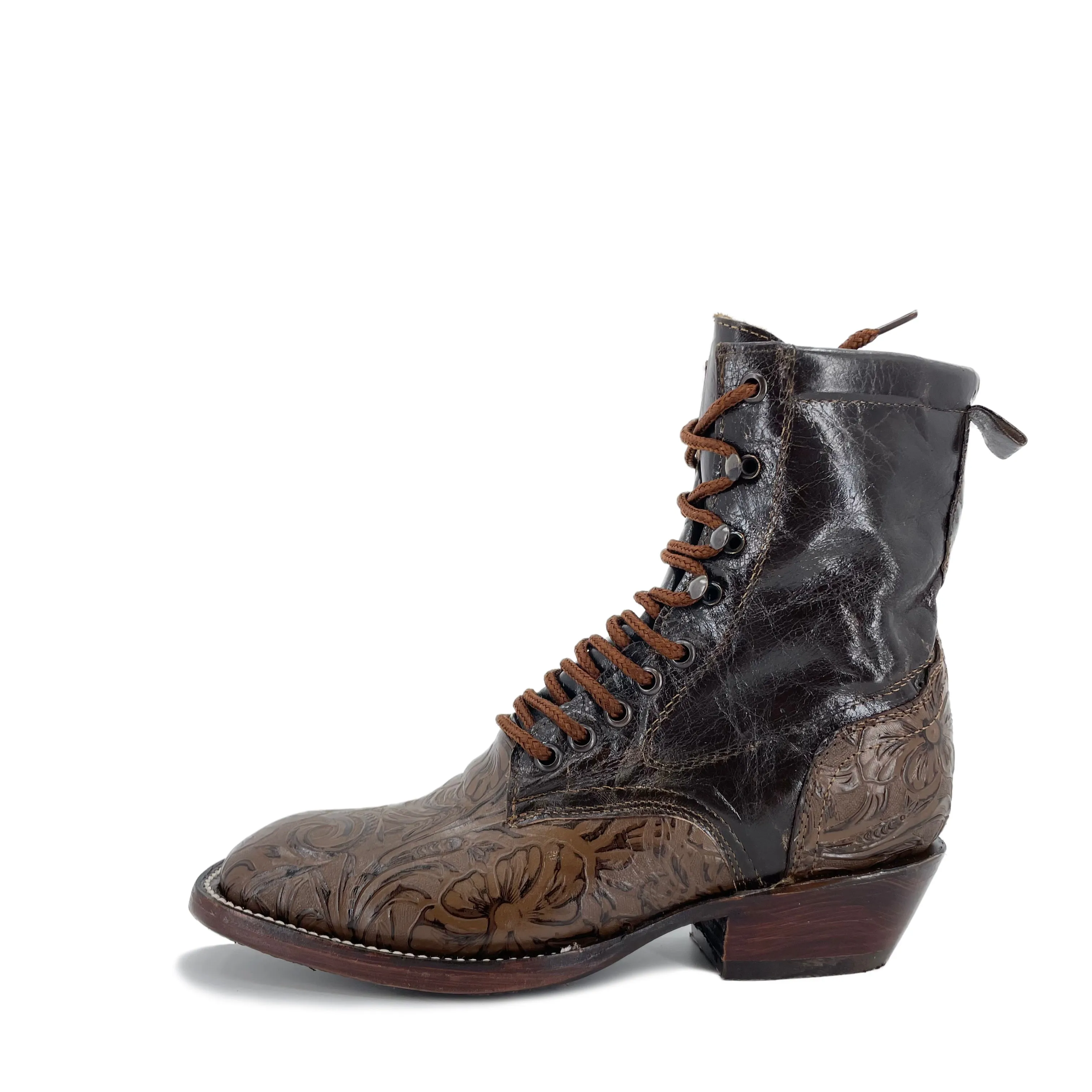 Women's Lace Up Boots - Vignette Flowers Brown Outsole