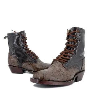 Women's Lace Up Boots - Vignette Flowers Brown Outsole