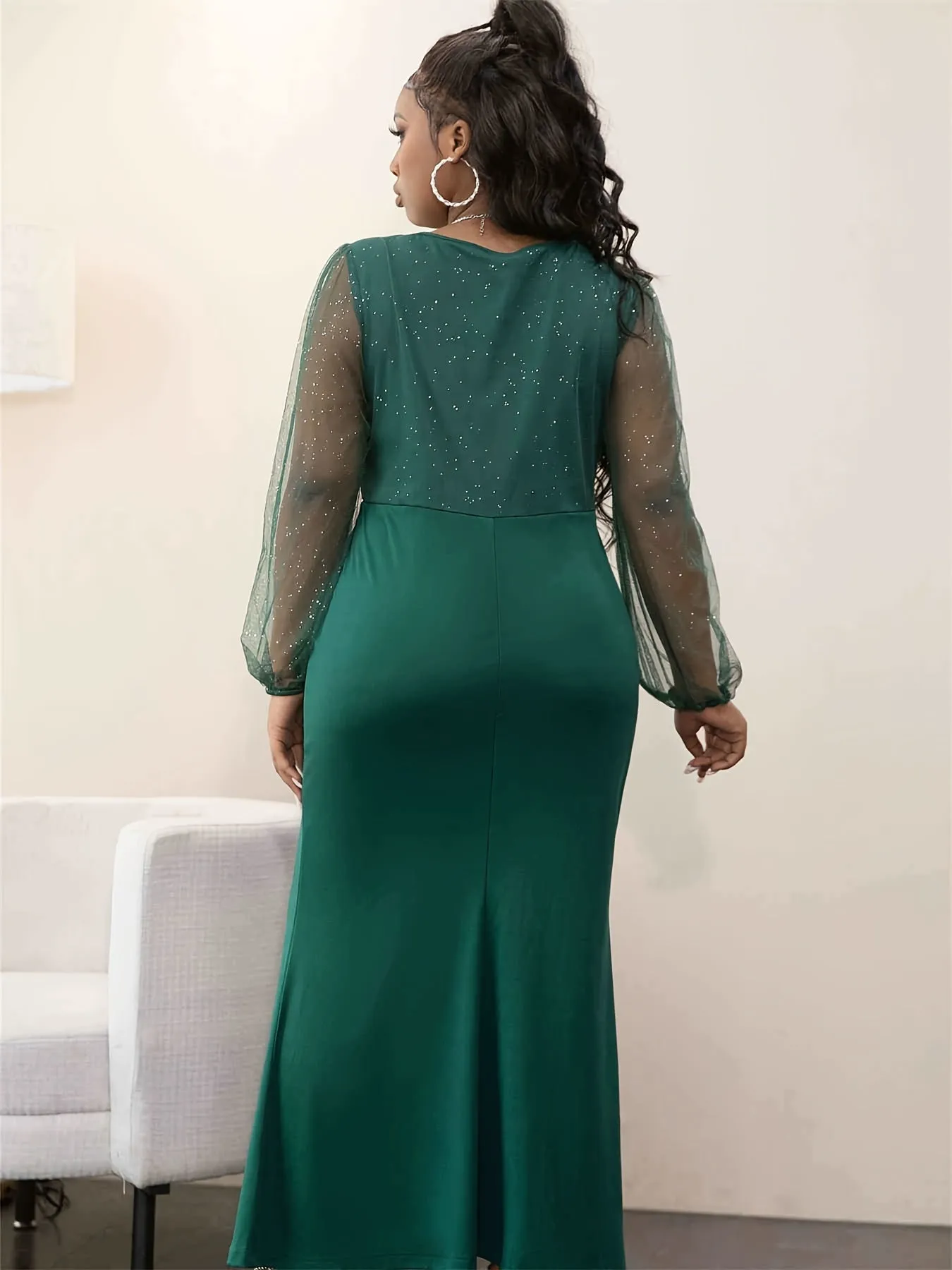 Women's Plus Size Contrast Mesh Mermaid Slim Fit Maxi Dress