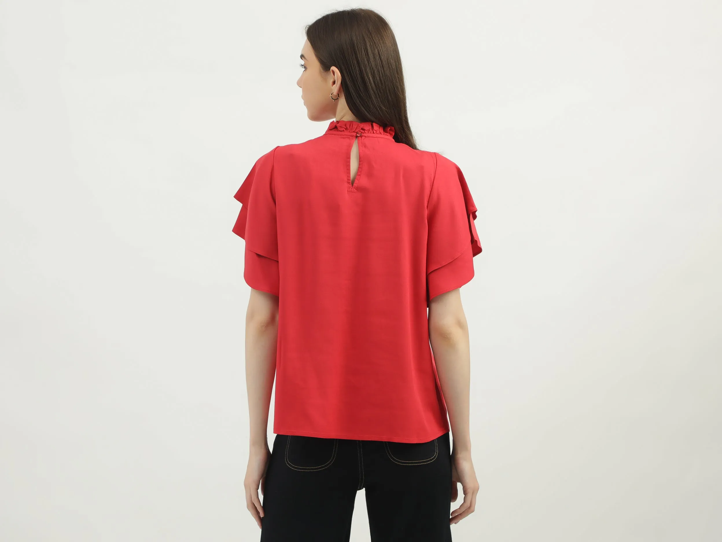 Women's Regular Fit Ruffled Neck Solid Tops