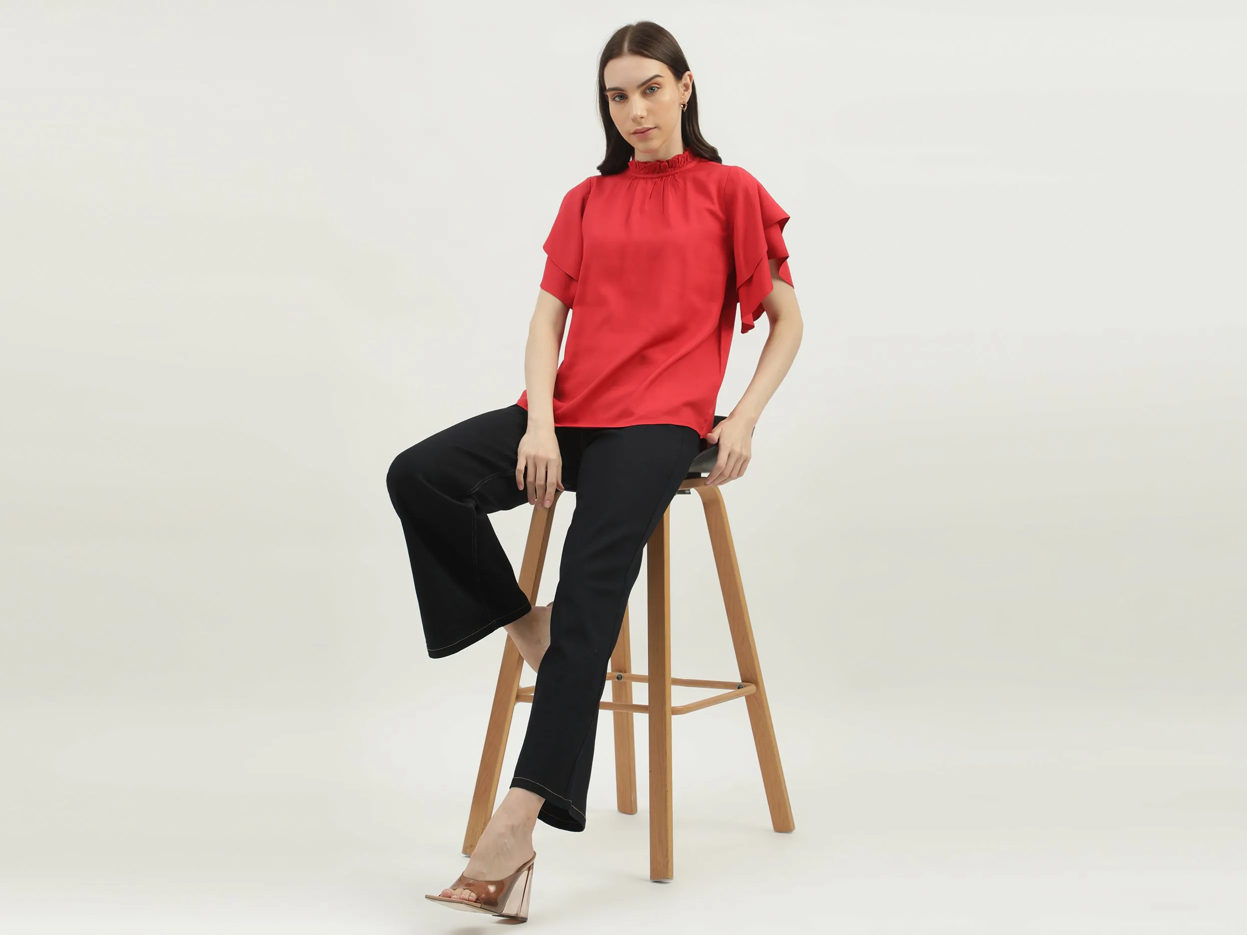 Women's Regular Fit Ruffled Neck Solid Tops