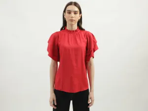 Women's Regular Fit Ruffled Neck Solid Tops