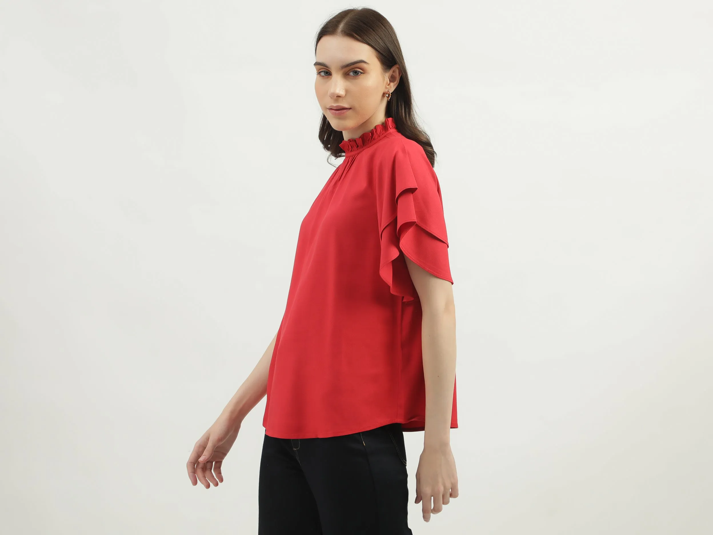 Women's Regular Fit Ruffled Neck Solid Tops