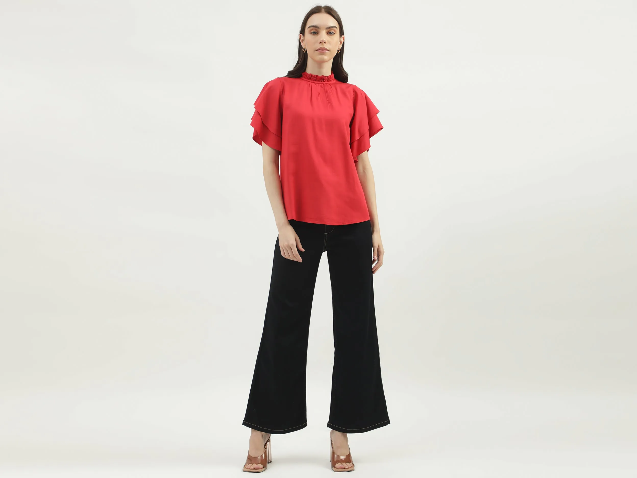 Women's Regular Fit Ruffled Neck Solid Tops
