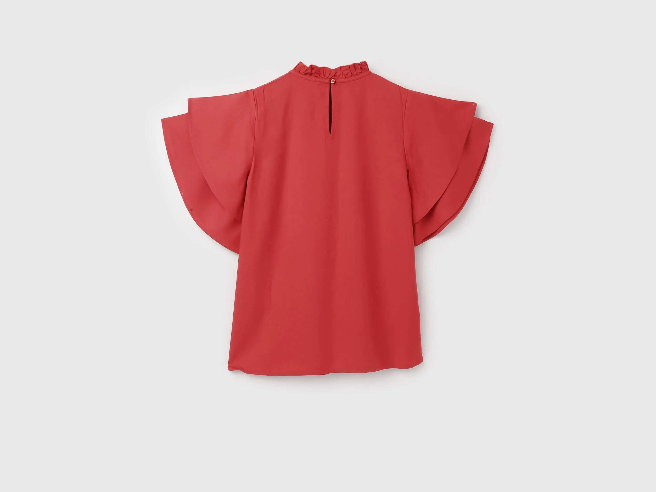 Women's Regular Fit Ruffled Neck Solid Tops