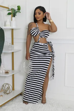 Women's Rope Design One shoulder White/Black Stripe Open back Maxi Dress