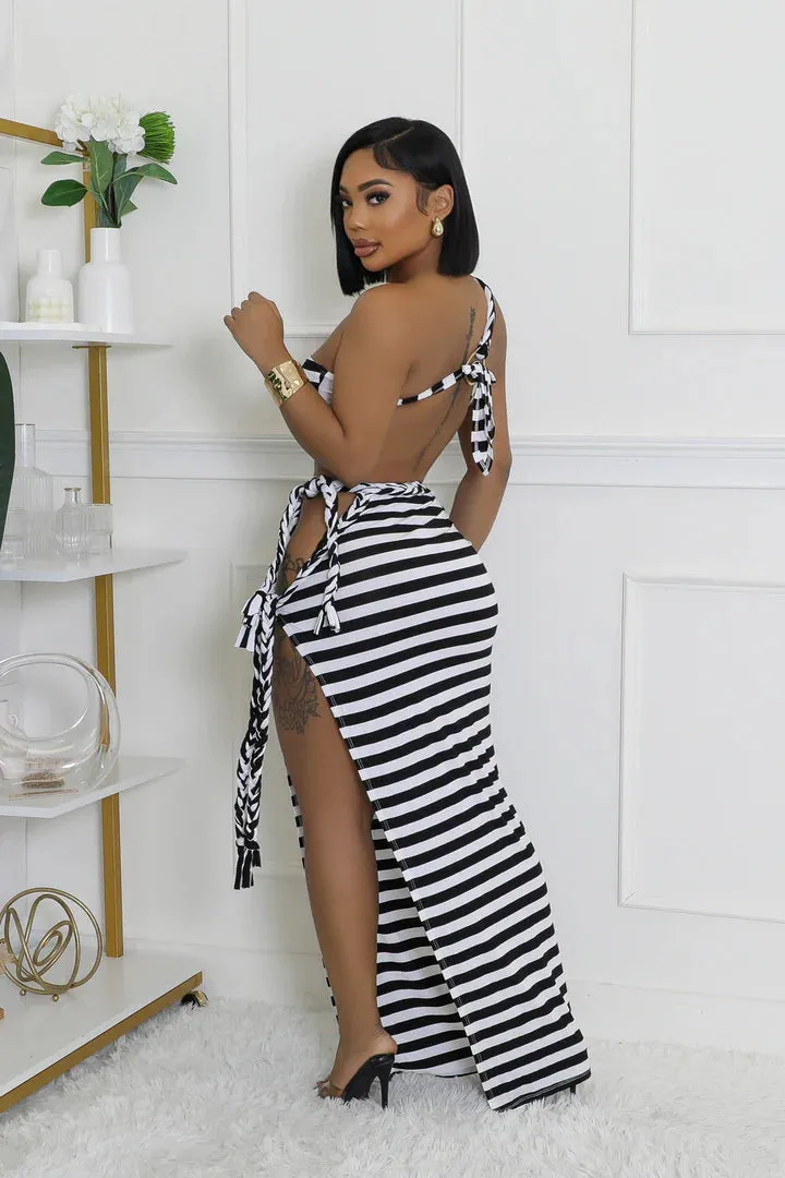 Women's Rope Design One shoulder White/Black Stripe Open back Maxi Dress