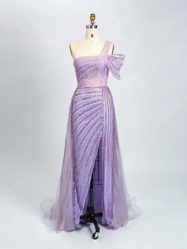 Women's Sexy High Split Luxury Beaded Mermaid Elegant One Shoulder Evening Dresses