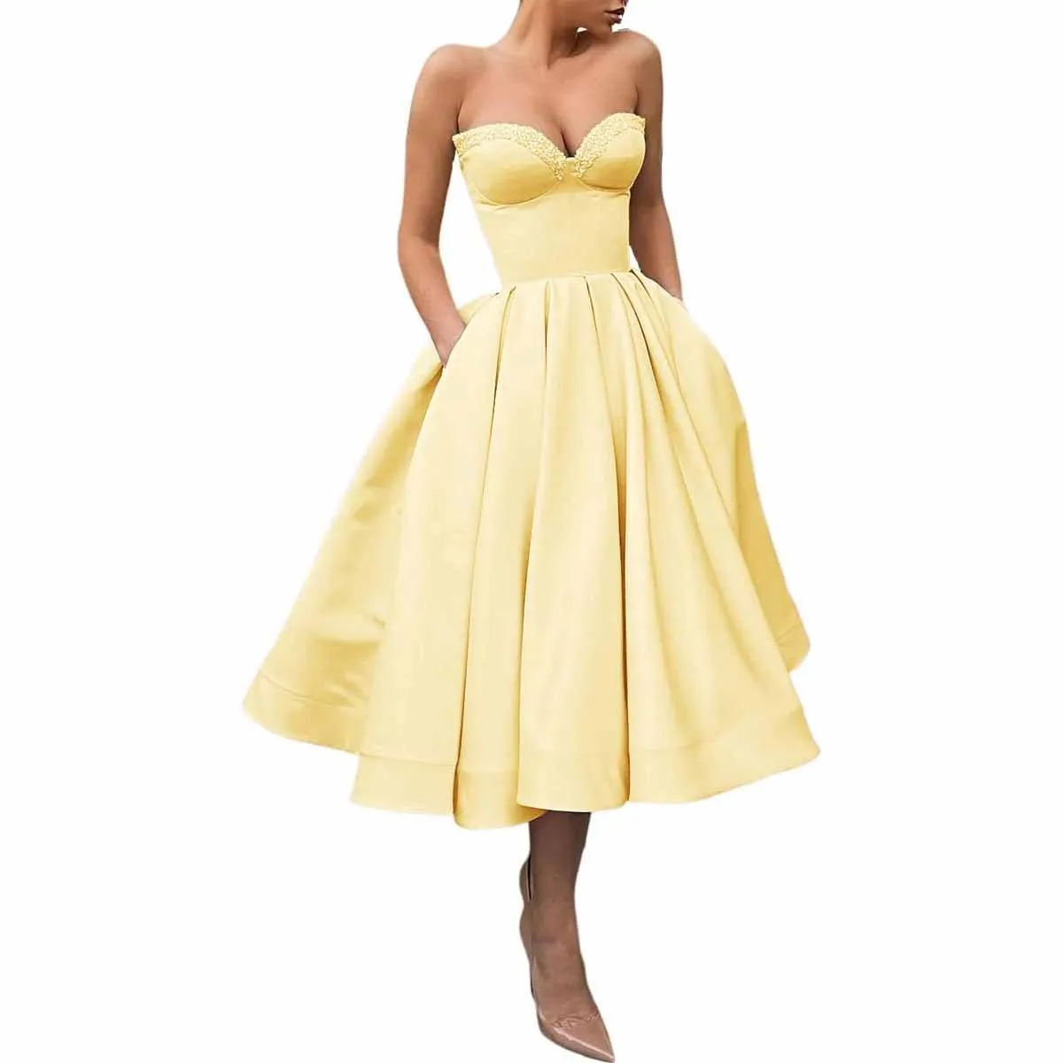 Women's Short Prom Dresses Ruched A-line Satin Tea Length Formal Evening Party Dress with Pockets