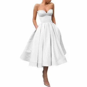 Women's Short Prom Dresses Ruched A-line Satin Tea Length Formal Evening Party Dress with Pockets