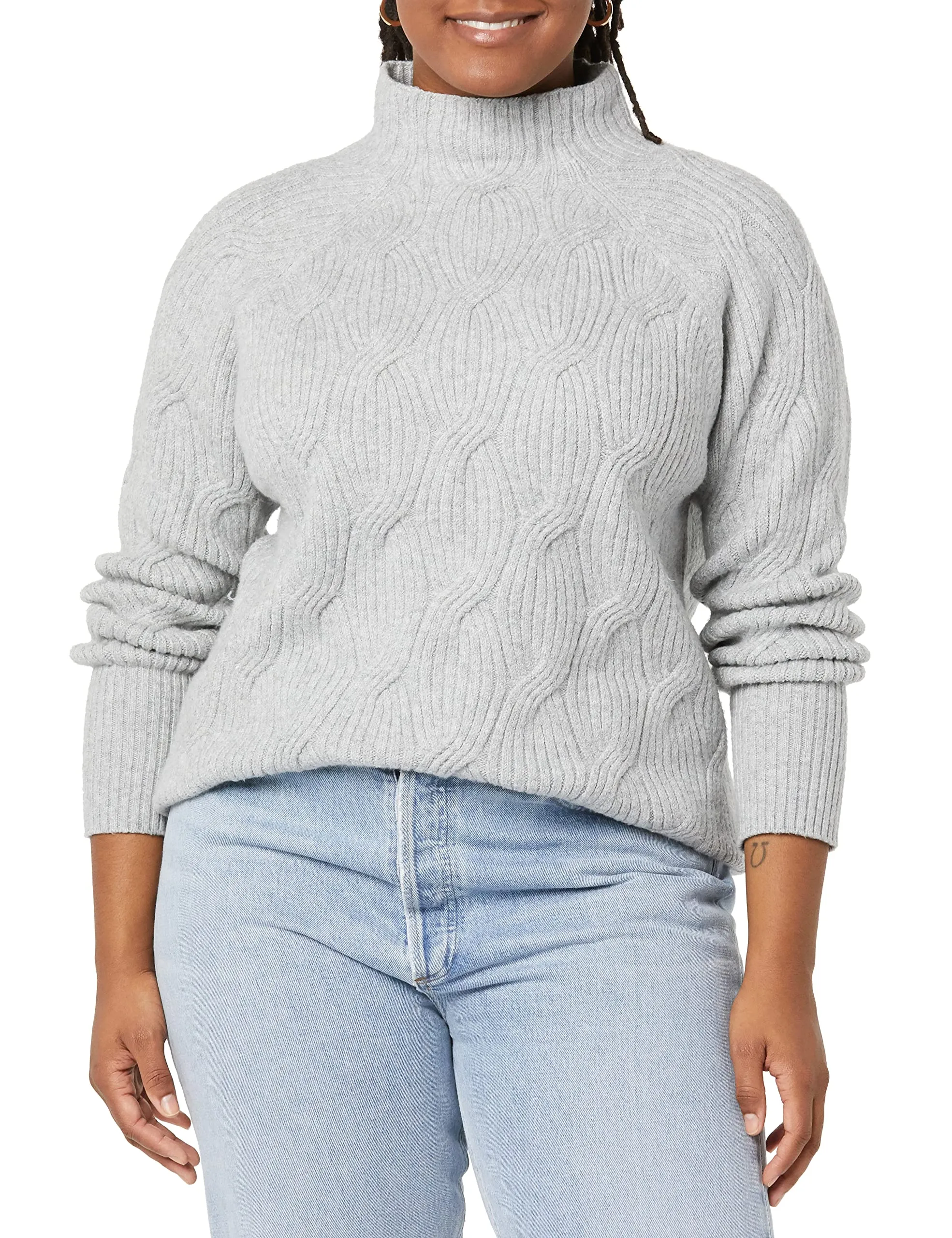 Women's Soft Touch Funnel Neck Cable Sweater, Grey Heather, Medium