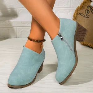 Women's Suede Ankle Boots with Block Heel and Zip - Comfortable Footwear for Everyday Use