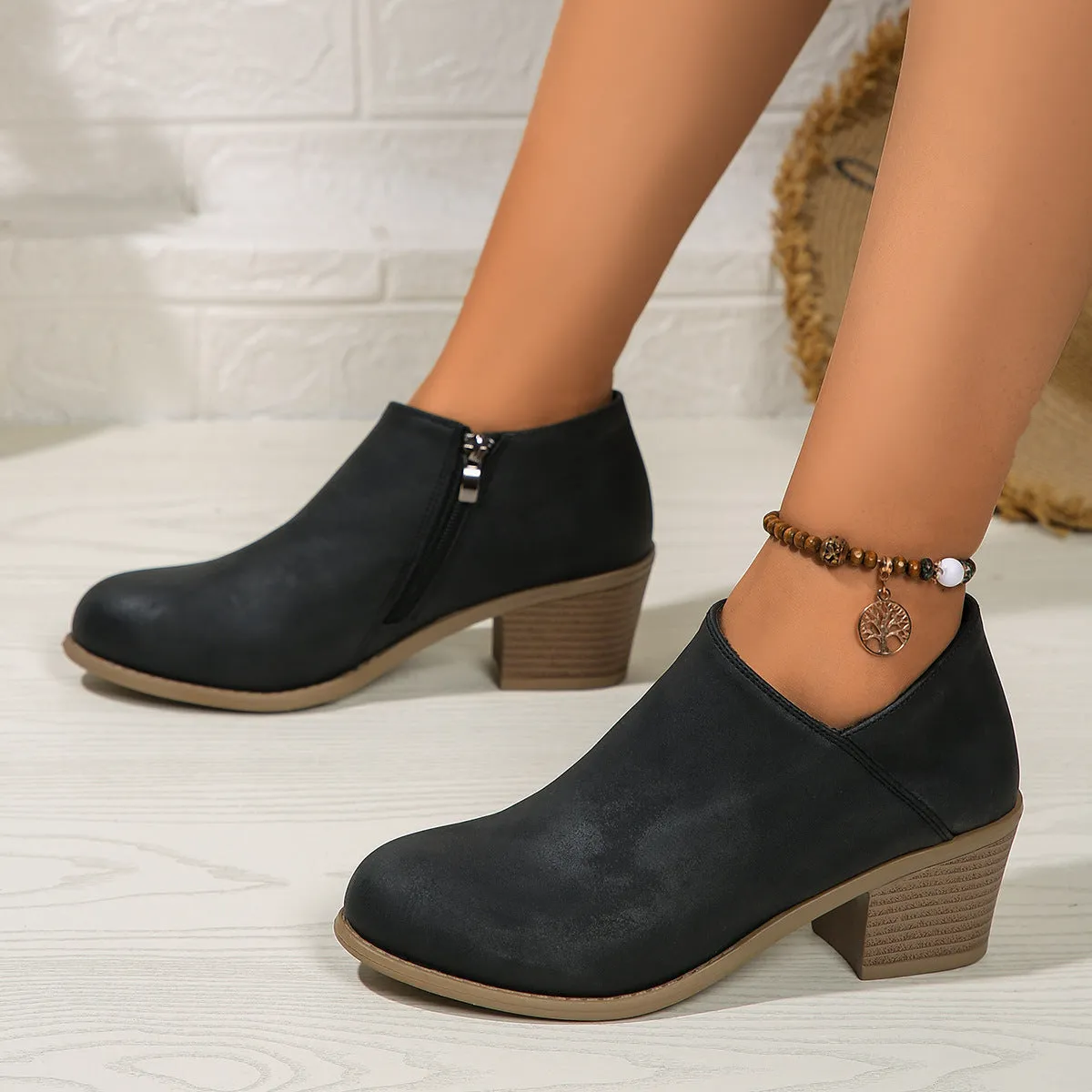 Women's Suede Ankle Boots with Block Heel and Zip - Comfortable Footwear for Everyday Use