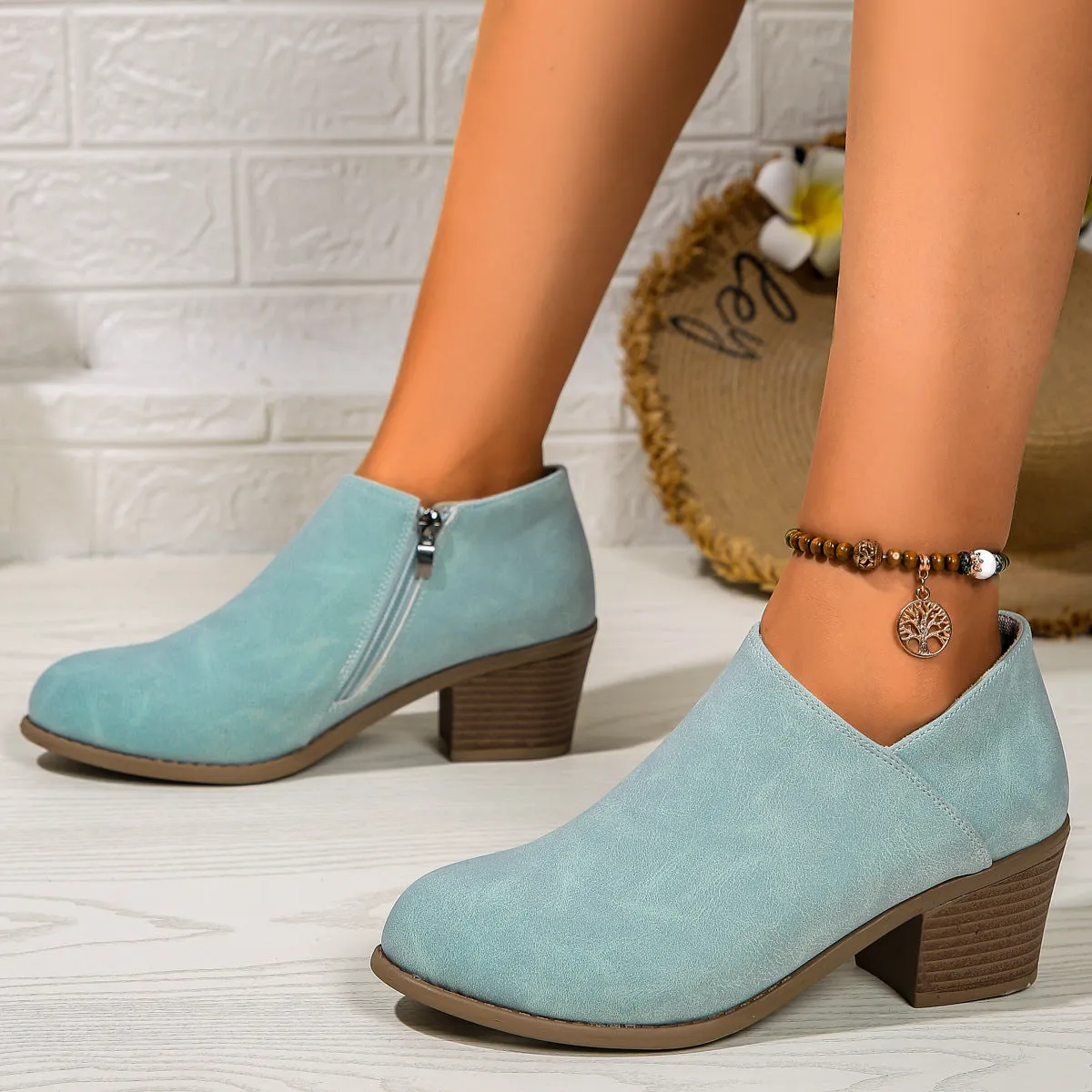 Women's Suede Ankle Boots with Block Heel and Zip - Comfortable Footwear for Everyday Use
