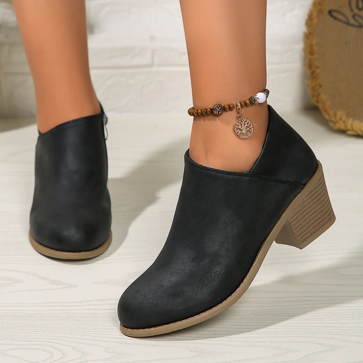 Women's Suede Ankle Boots with Block Heel and Zip - Comfortable Footwear for Everyday Use
