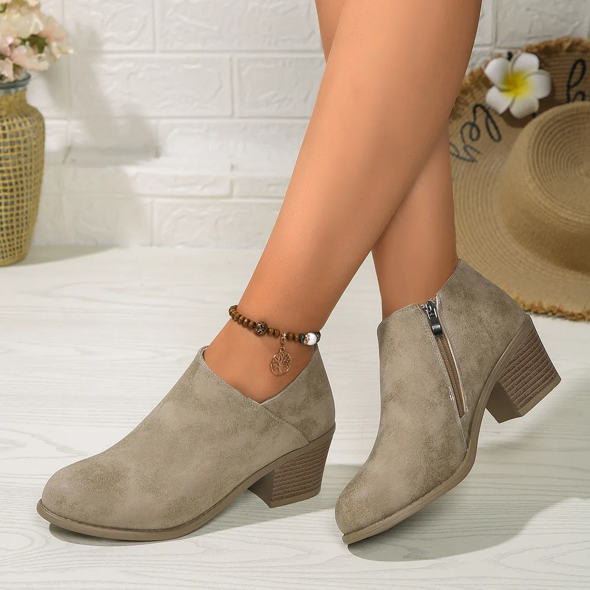 Women's Suede Ankle Boots with Block Heel and Zip - Comfortable Footwear for Everyday Use