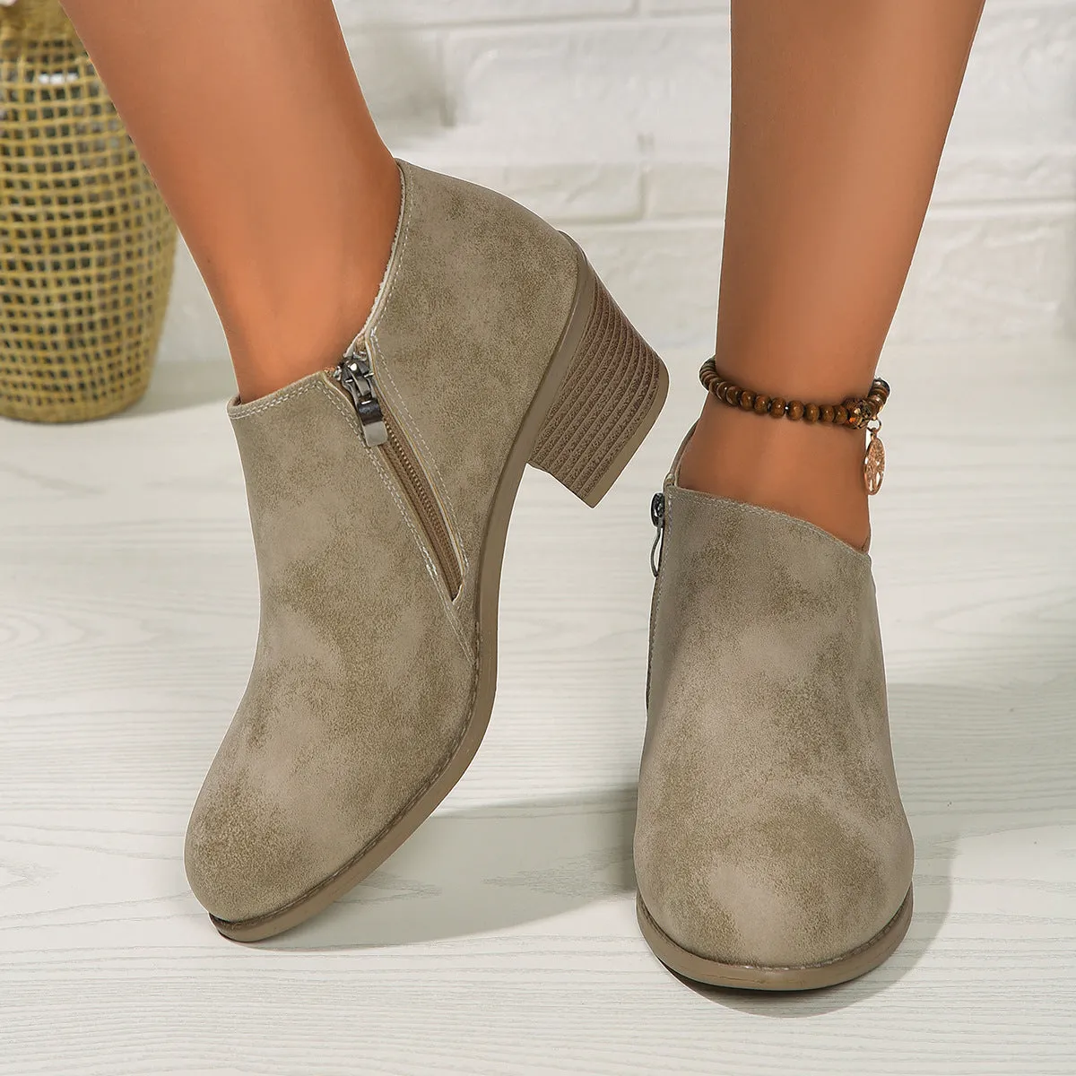 Women's Suede Ankle Boots with Block Heel and Zip - Comfortable Footwear for Everyday Use