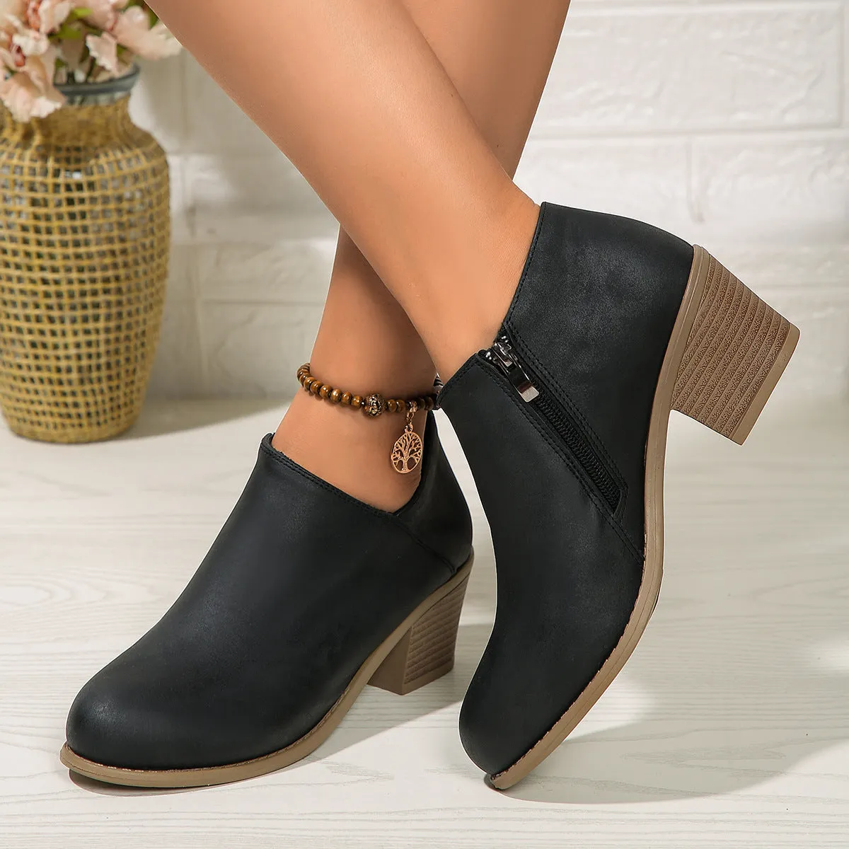 Women's Suede Ankle Boots with Block Heel and Zip - Comfortable Footwear for Everyday Use