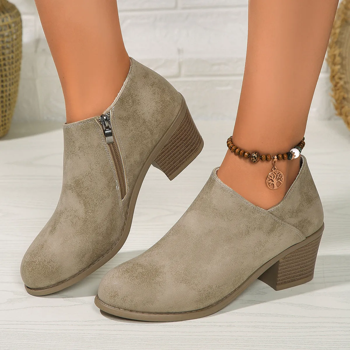 Women's Suede Ankle Boots with Block Heel and Zip - Comfortable Footwear for Everyday Use