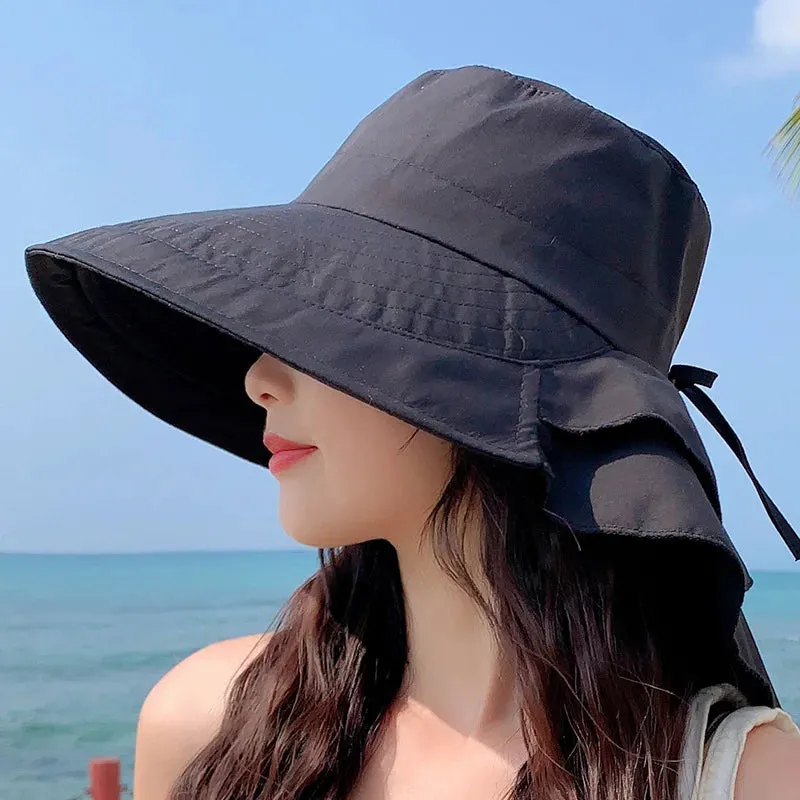 Women's Summer Hat with Wide Brim and Foldable Ponytail