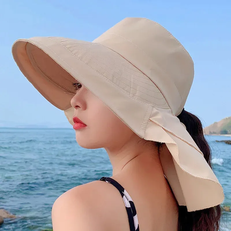 Women's Summer Hat with Wide Brim and Foldable Ponytail