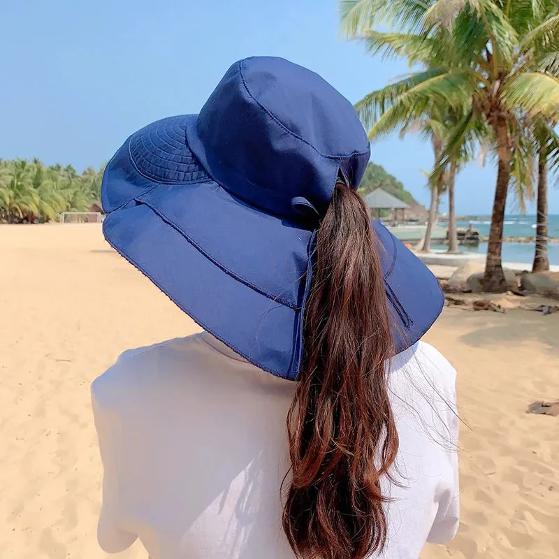 Women's Summer Hat with Wide Brim and Foldable Ponytail