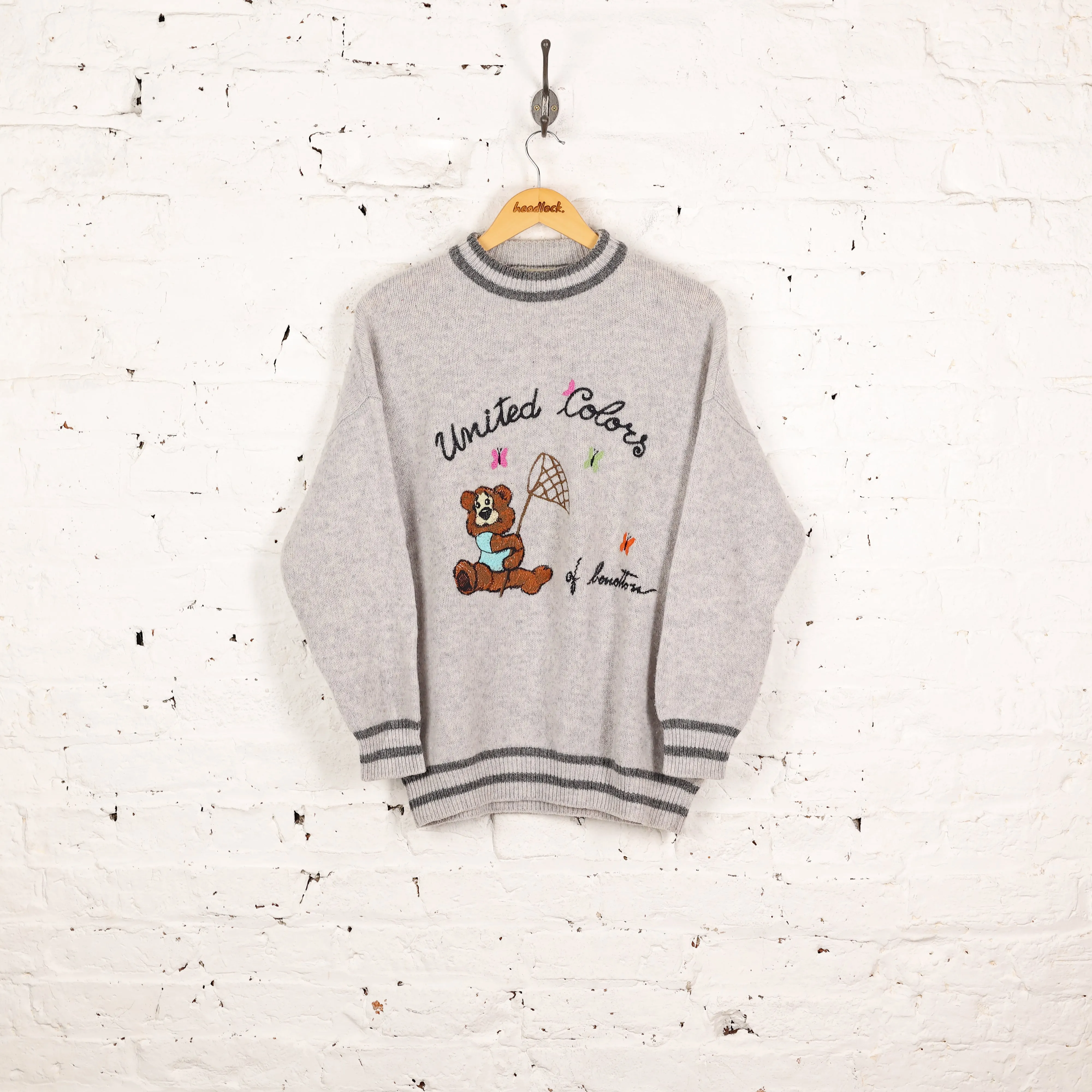 Women's United Colors of Benneton Bear Butterfly Wool Knit Jumper - Grey - Women's L