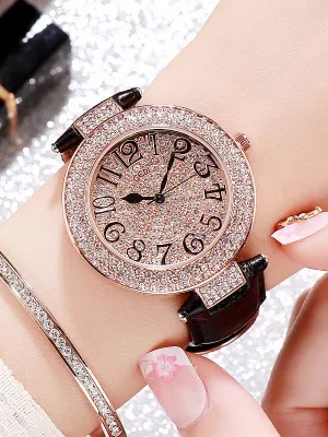 Women's Watch Full Drill Diamond large dial Leather Strap elegant watch