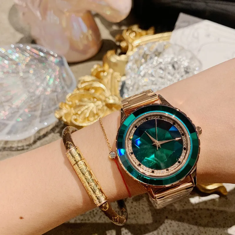 Women's Watch Irregular Mirror green diamond large dial Stainless Steel Strap elegant watch