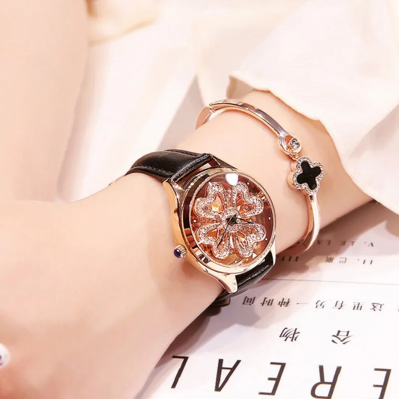 Women's Watch Love-shaped Hollow dial leather strap elegant watch
