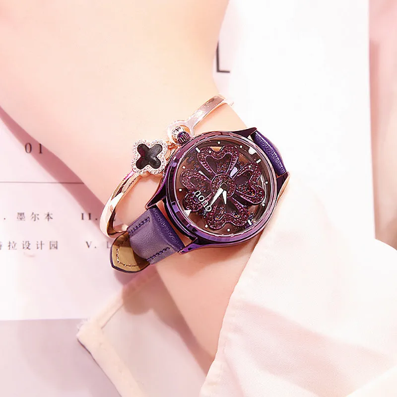 Women's Watch Love-shaped Hollow dial leather strap elegant watch