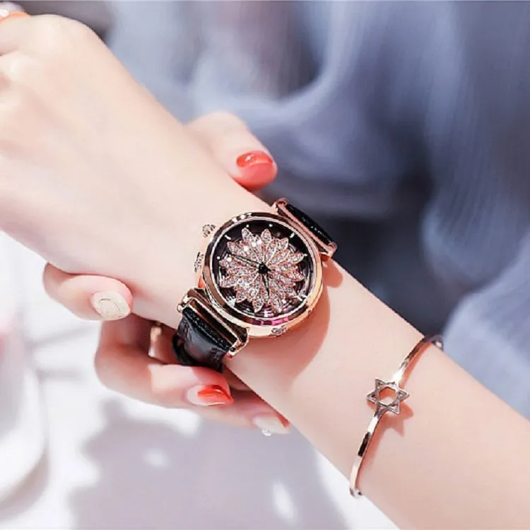 Women's Watch Rotatable Flower shape diamond Dial Leather Strap elegant watch