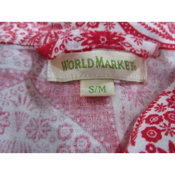 World Market Red White Floral Flannel S/M Button Up Nightshirt EUC Front Pocket