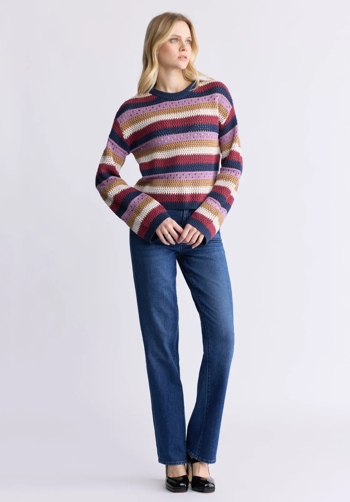 Wrenlee Women's Striped Openwork Knit Sweater, Beaujolais - SW0074F