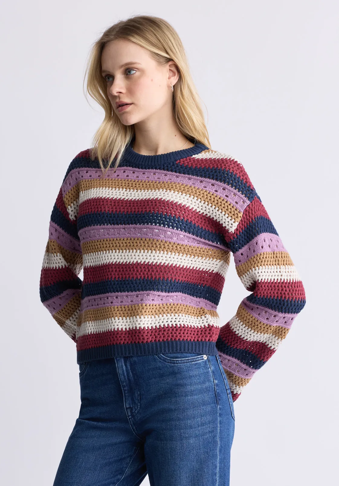 Wrenlee Women's Striped Openwork Knit Sweater, Beaujolais - SW0074F