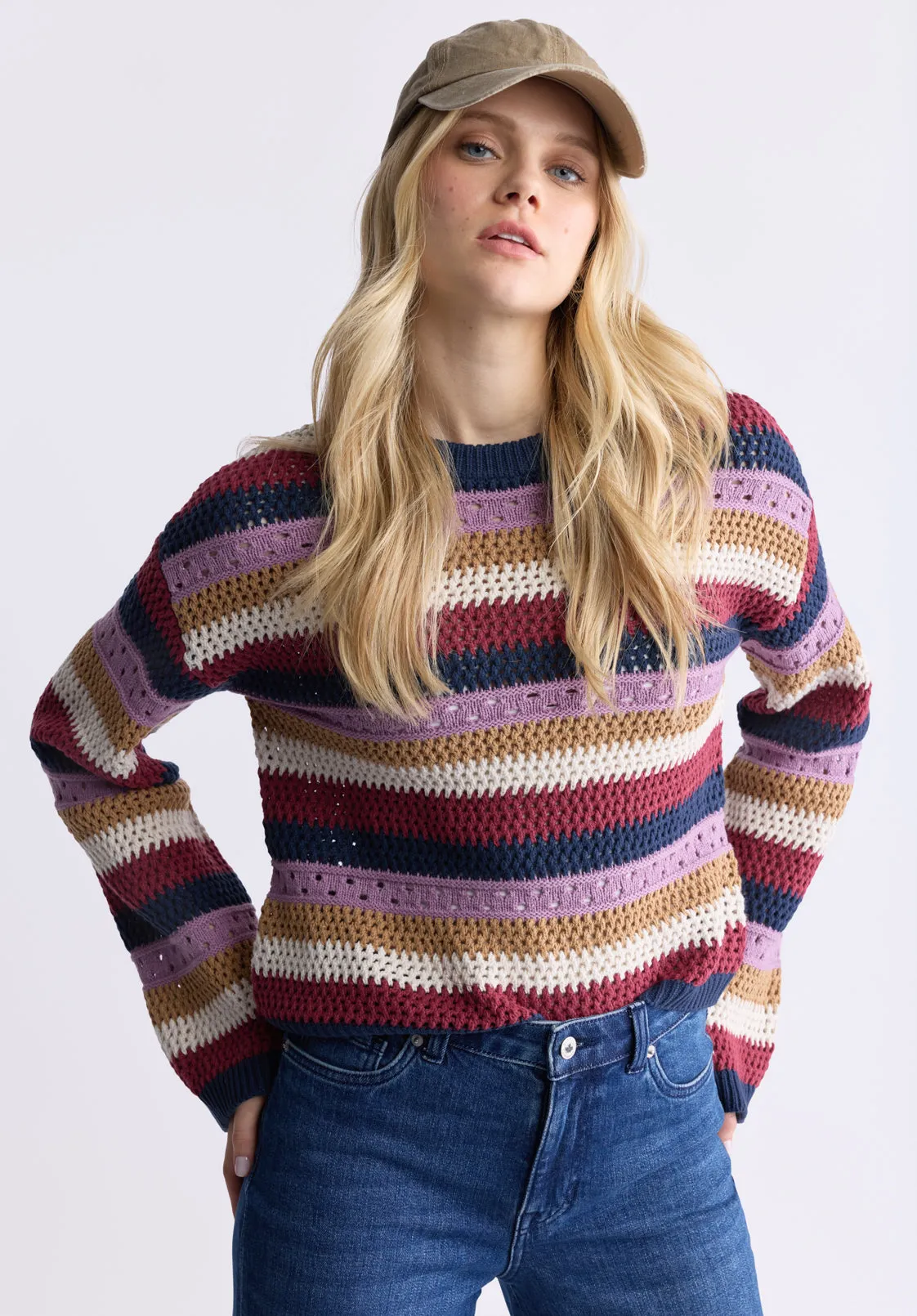 Wrenlee Women's Striped Openwork Knit Sweater, Beaujolais - SW0074F