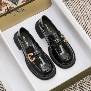 Xajzpa - 2023 new spring women's loafers British style Black casual shoes Fashionable metal decoration Party and work wear size 41-43