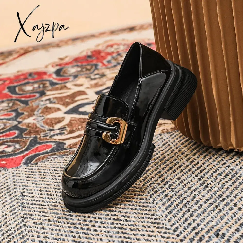 Xajzpa - 2023 new spring women's loafers British style Black casual shoes Fashionable metal decoration Party and work wear size 41-43