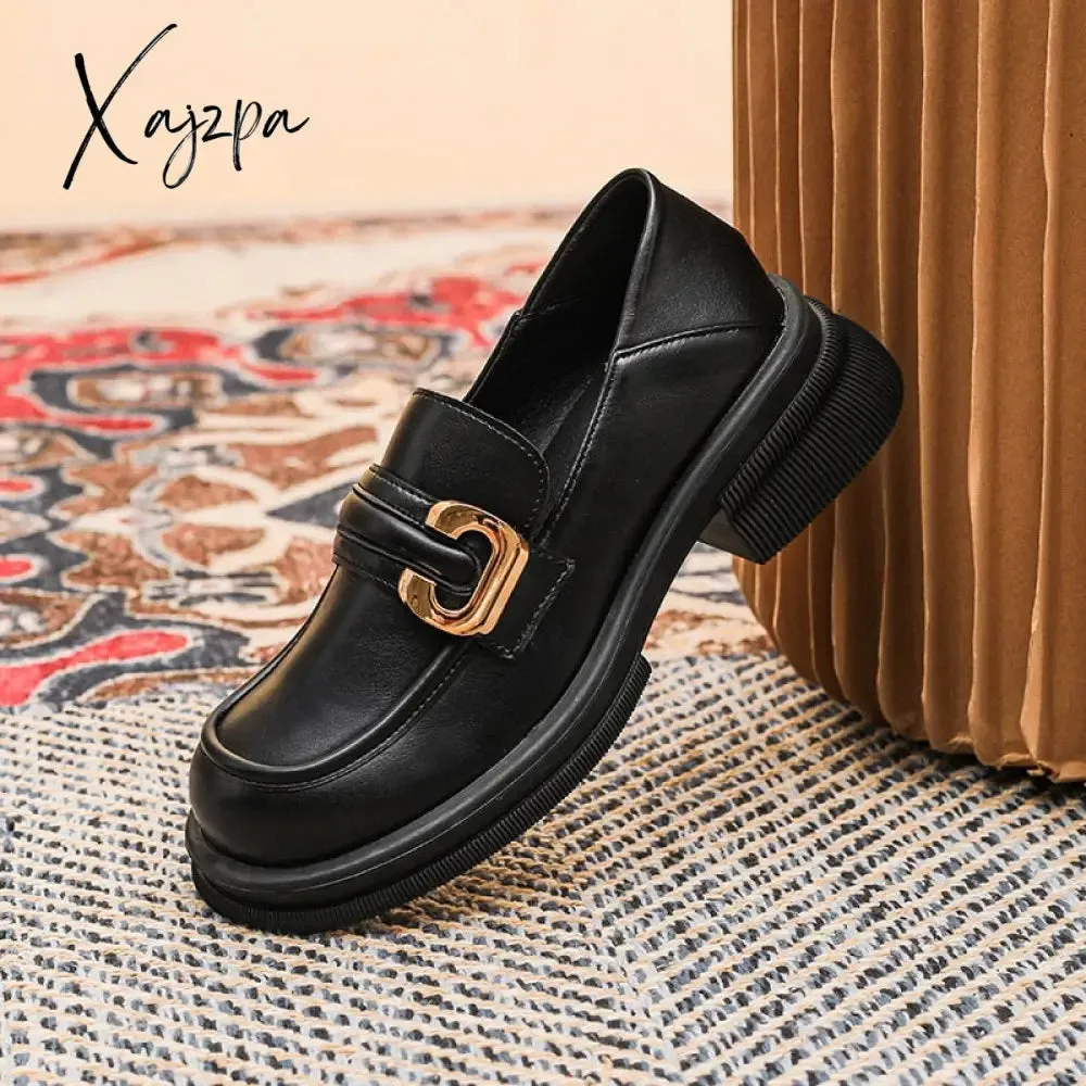 Xajzpa - 2023 new spring women's loafers British style Black casual shoes Fashionable metal decoration Party and work wear size 41-43