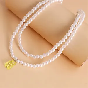 Yellow Acrylic & Pearl Bear Layered Pendant Necklace