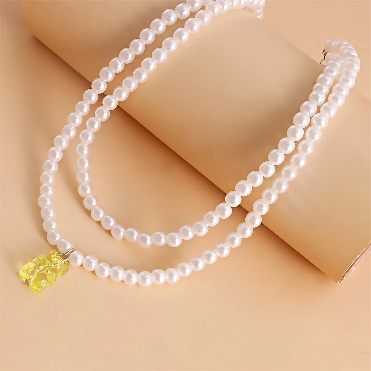 Yellow Acrylic & Pearl Bear Layered Pendant Necklace