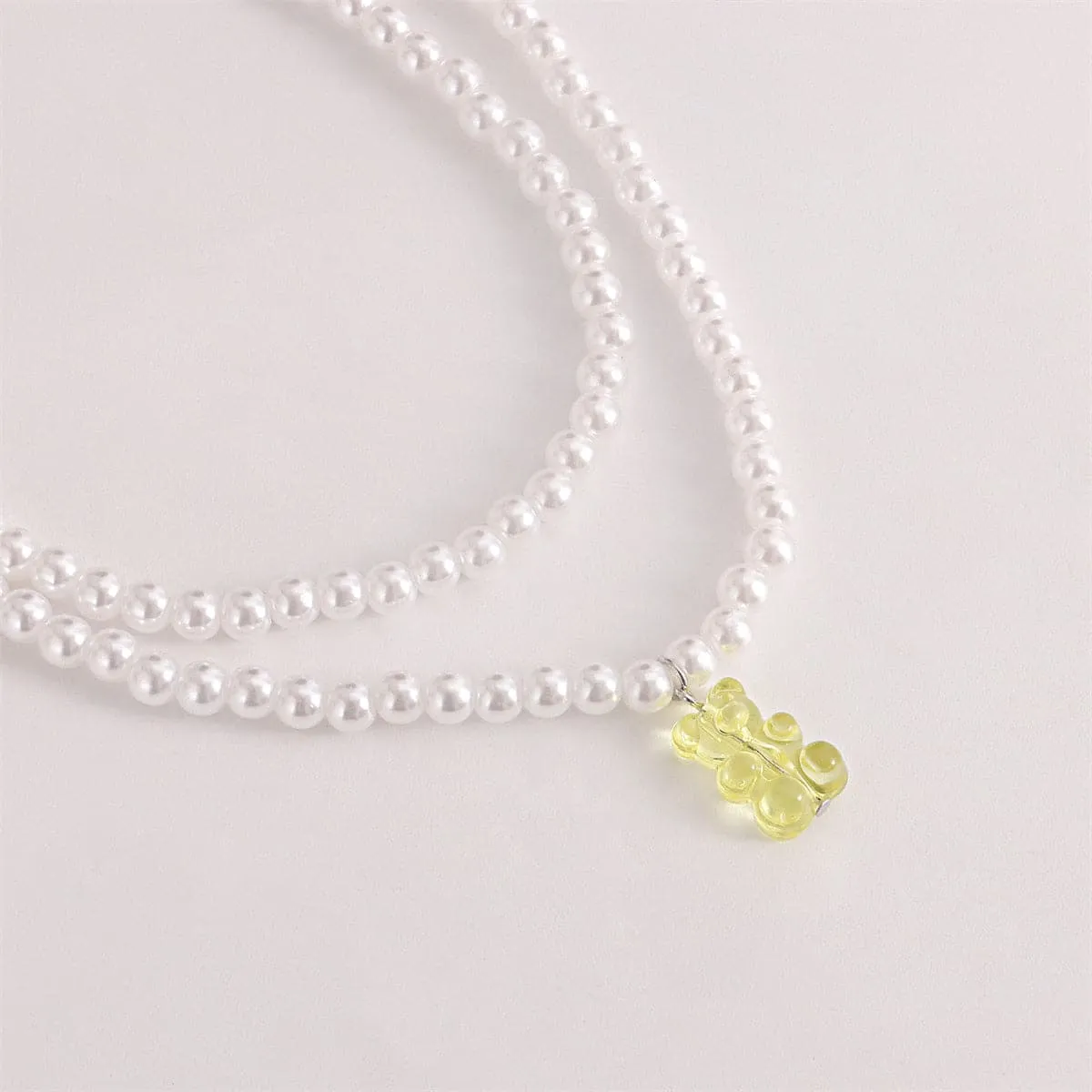 Yellow Acrylic & Pearl Bear Layered Pendant Necklace