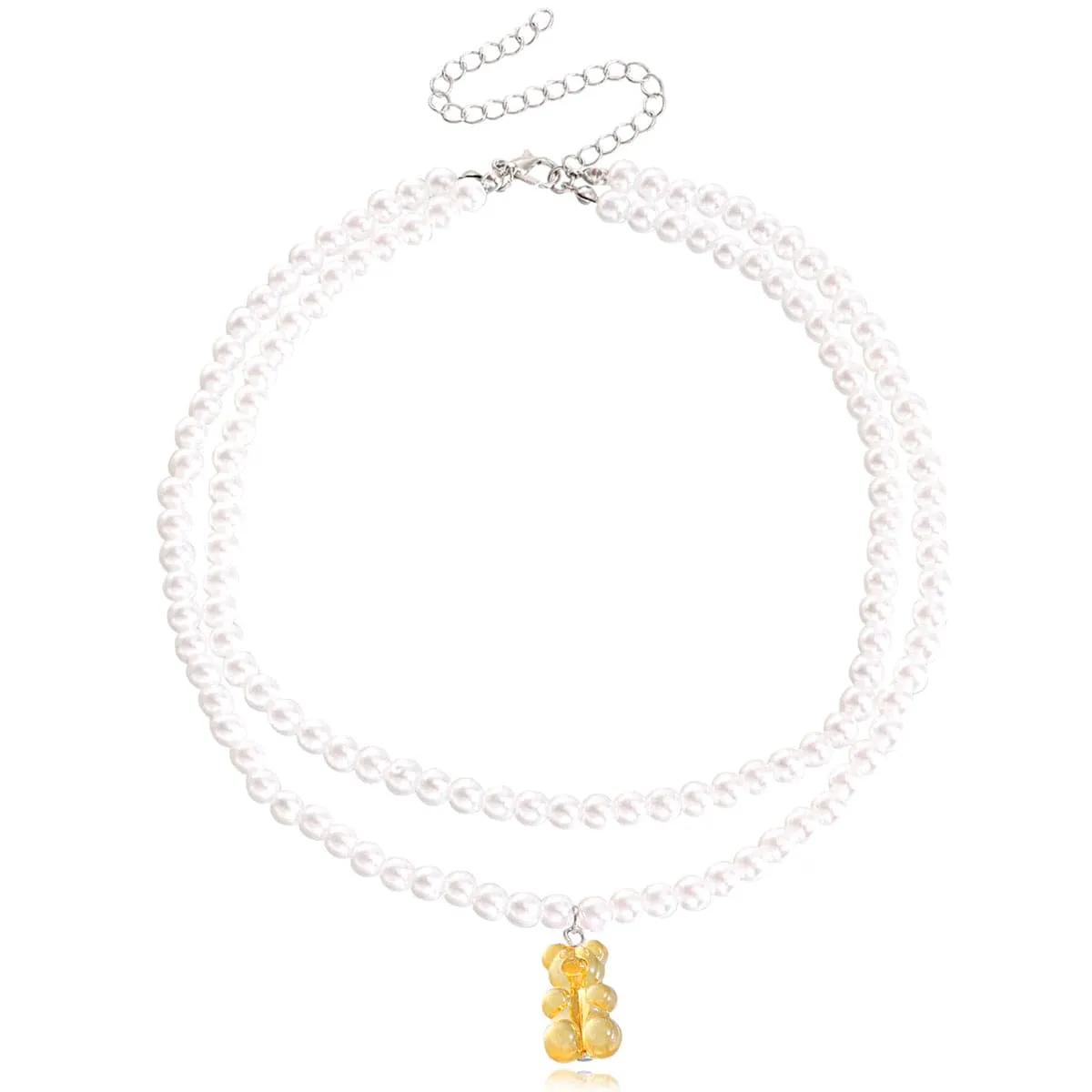 Yellow Acrylic & Pearl Bear Layered Pendant Necklace