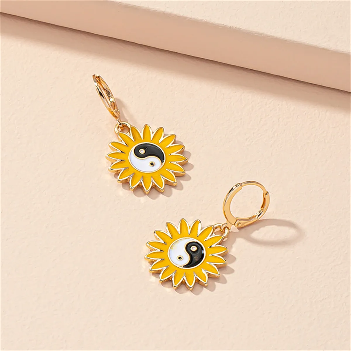 Yellow & Black Yin Yang Sunflower Huggie Earring