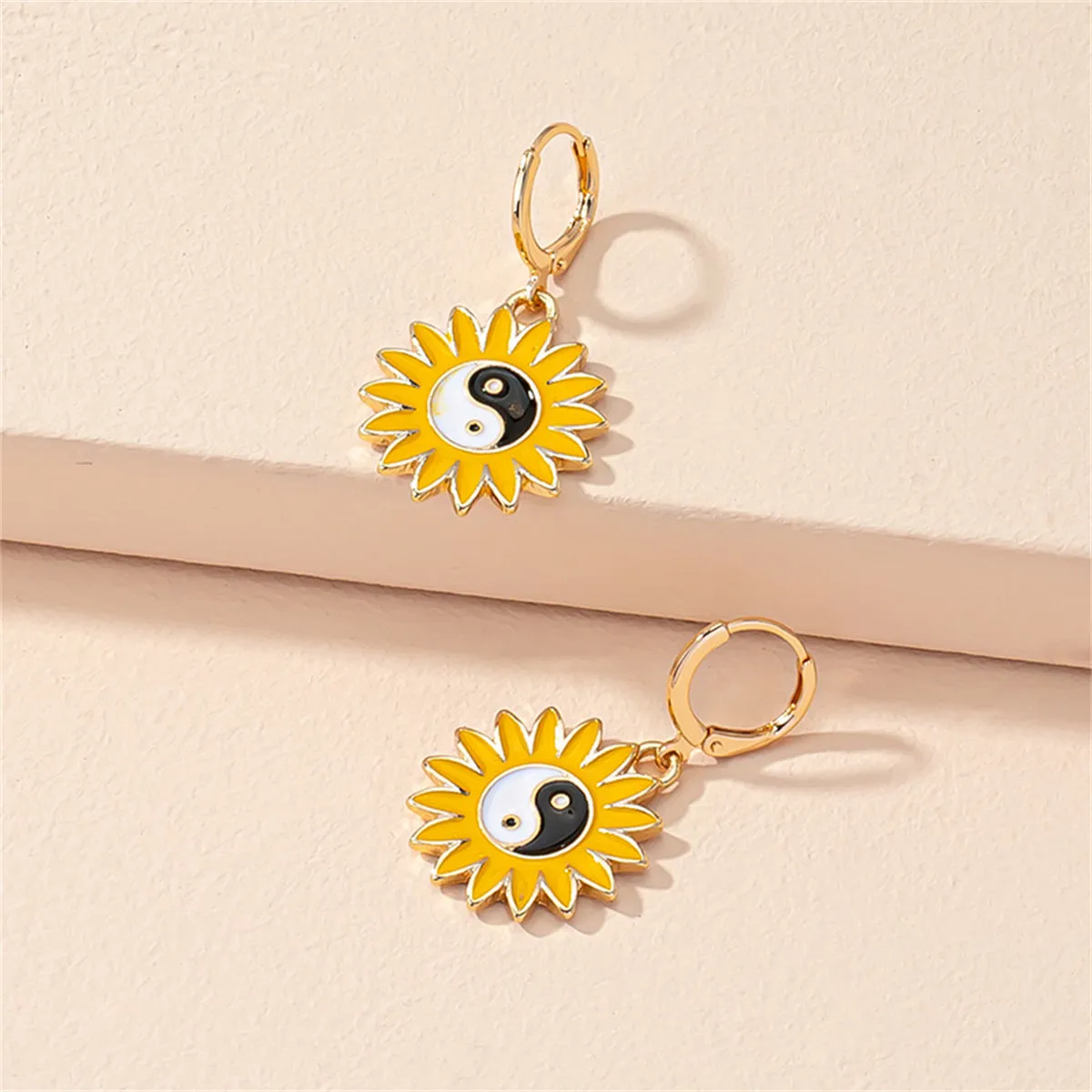 Yellow & Black Yin Yang Sunflower Huggie Earring