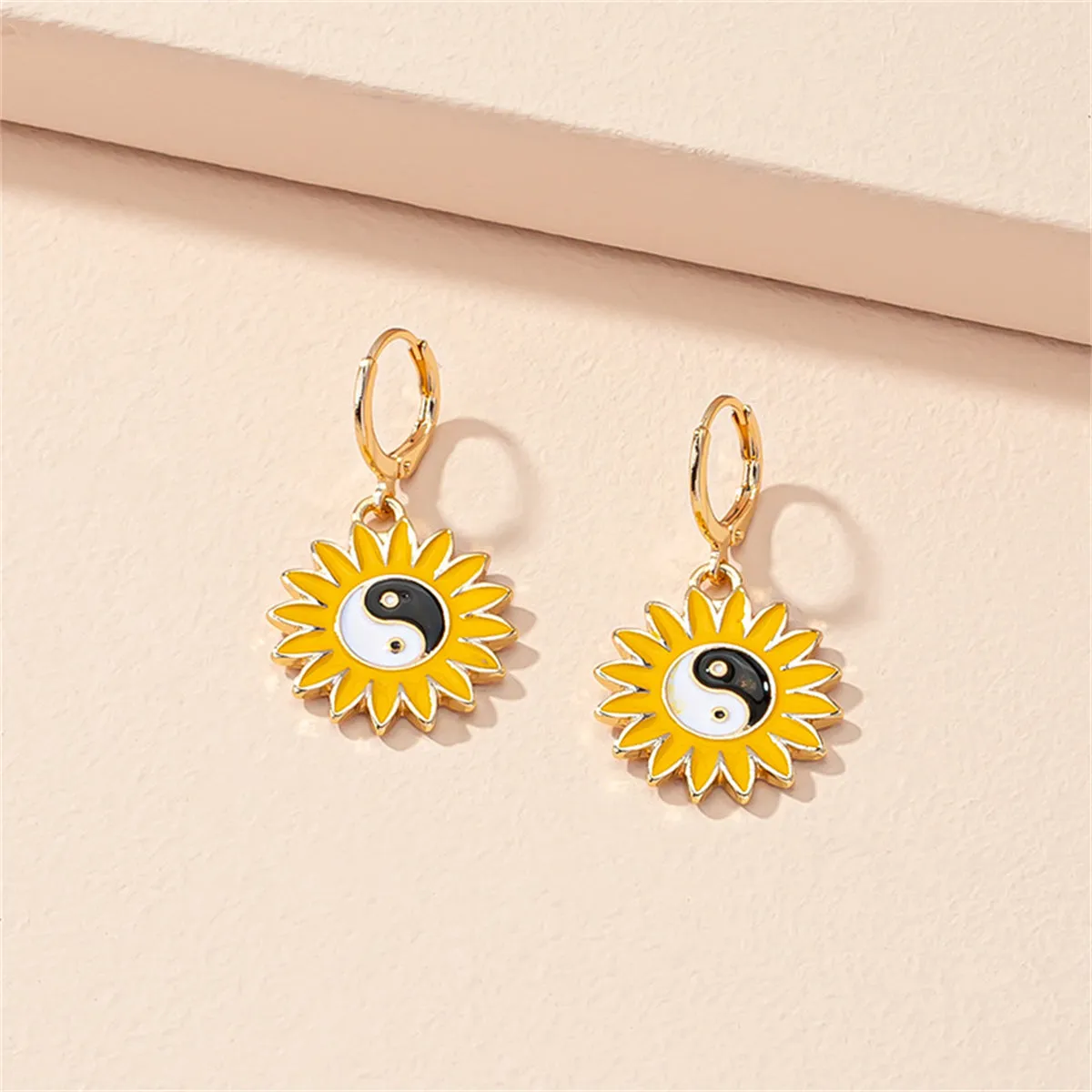 Yellow & Black Yin Yang Sunflower Huggie Earring