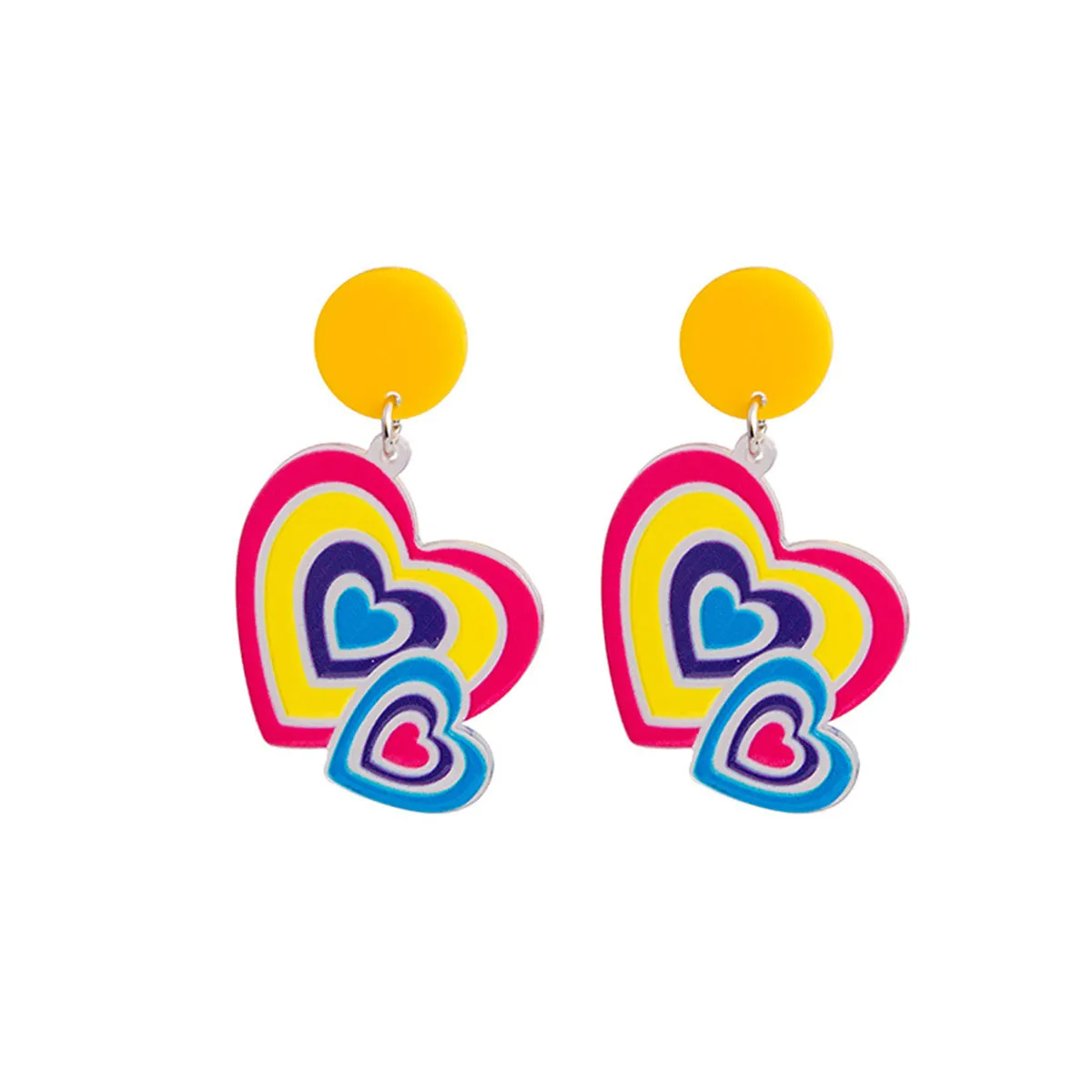Yellow & Pink Acrylic Double-Heart Drop Earrings