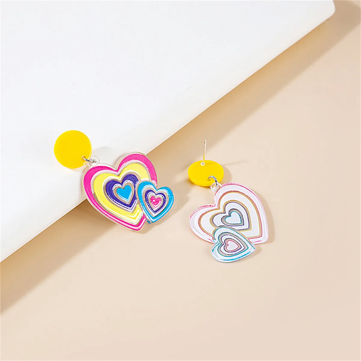 Yellow & Pink Acrylic Double-Heart Drop Earrings