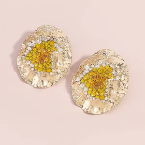 Yellow Cubic Zirconia & 18K Gold-Plated Textured Oval Stud Earrings