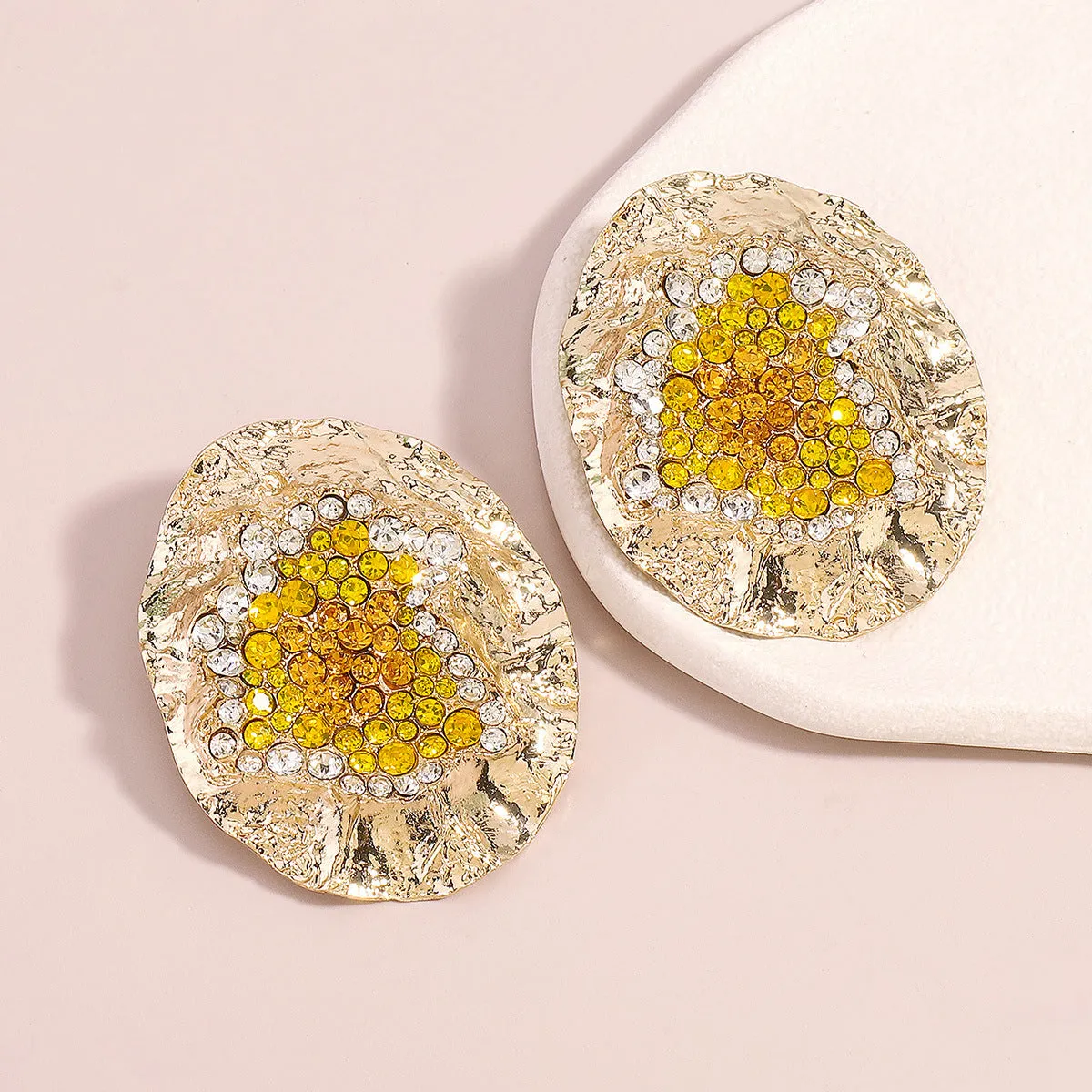 Yellow Cubic Zirconia & 18K Gold-Plated Textured Oval Stud Earrings